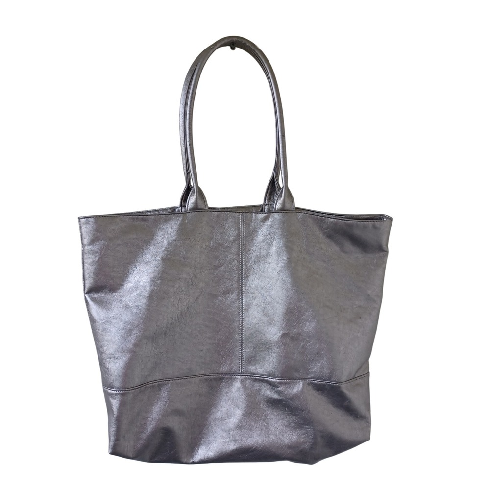 Saks Fifth Avenue‎ Metallic Silver Large Tote Bag Shopper Faux Leather Handbag